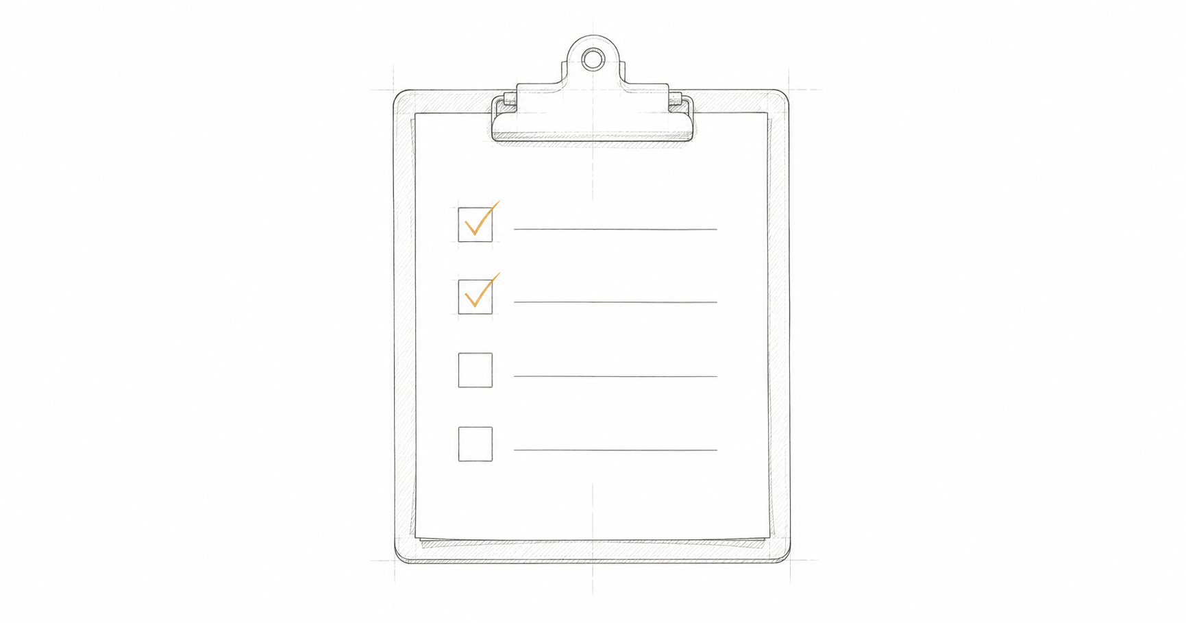 Minimalist hand-drawn clipboard with amber checkmarks on two completed items, representing a structured admin delegation checklist.