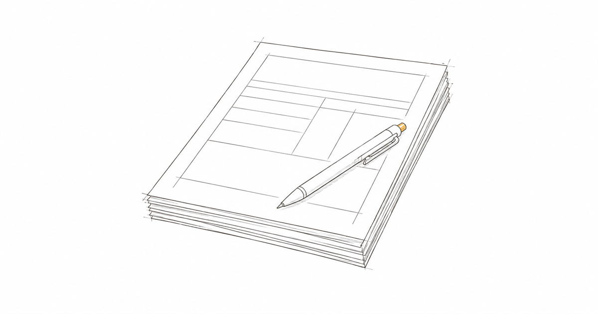 Minimal hand-drawn illustration of a stack of forms with a pen resting on top and an amber accent, representing non-clinical paperwork in Australian practices.