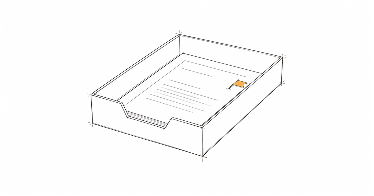 Minimal hand-drawn illustration of an inbox tray with one document flagged in amber, representing the human exception queue for AI admin agents in clinics.