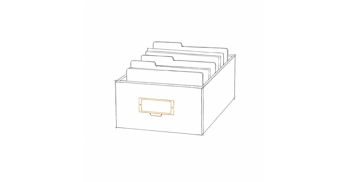 Minimalist hand-drawn file box with stacked folders and a small amber accent, representing organised back office administration.