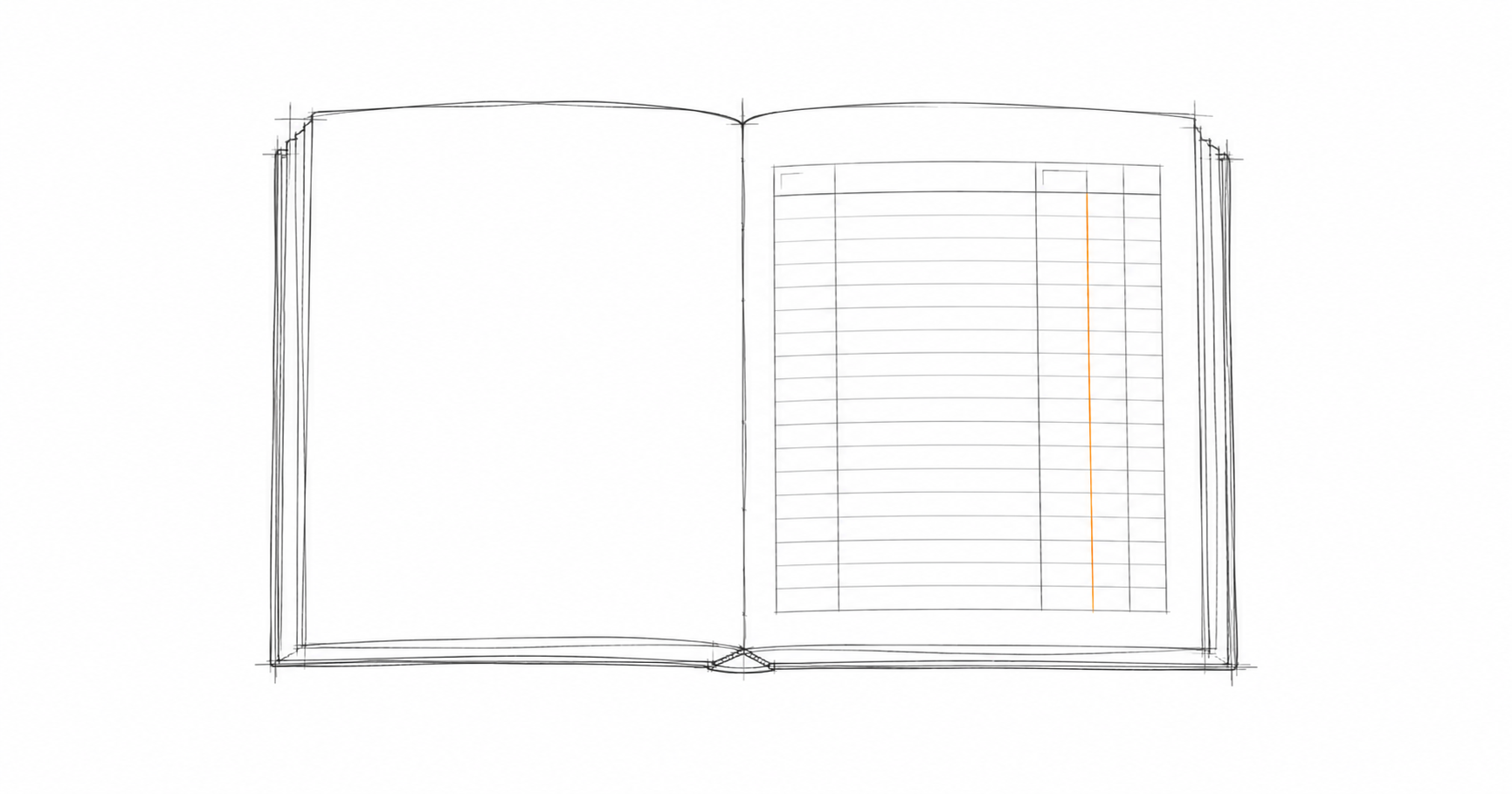 Minimalist hand-drawn illustration of an open ledger book with ruled pages, representing a structured billing and reconciliation system for allied health and NDIS providers.