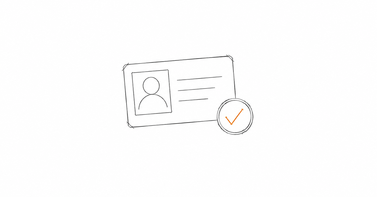Minimalist hand-drawn identity card with a small checkmark stamp beside it and a subtle amber accent, representing a verified, logged onboarding record.