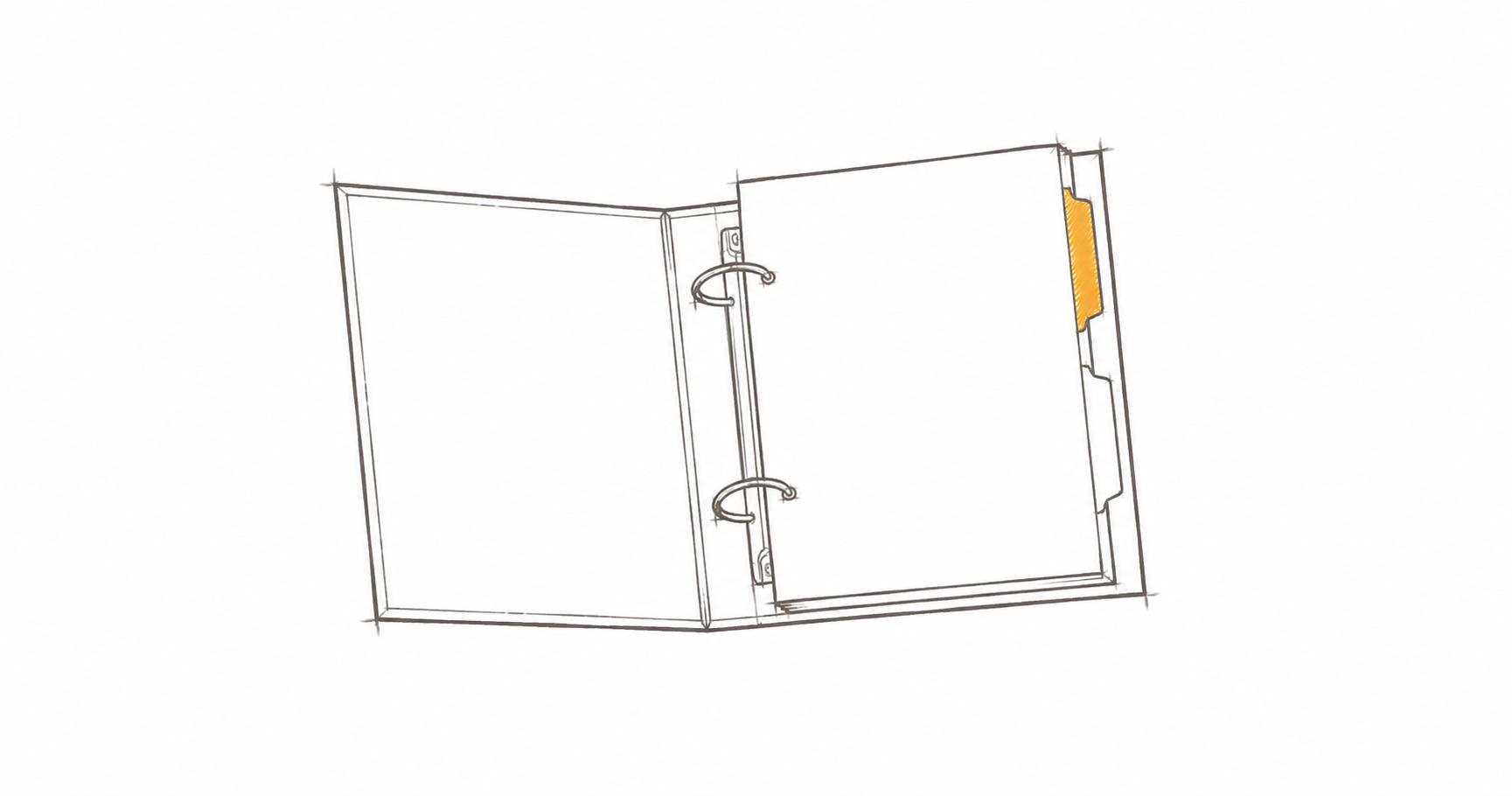 Minimal hand-drawn illustration of an open ring binder with two tabbed dividers, representing structured business documentation.