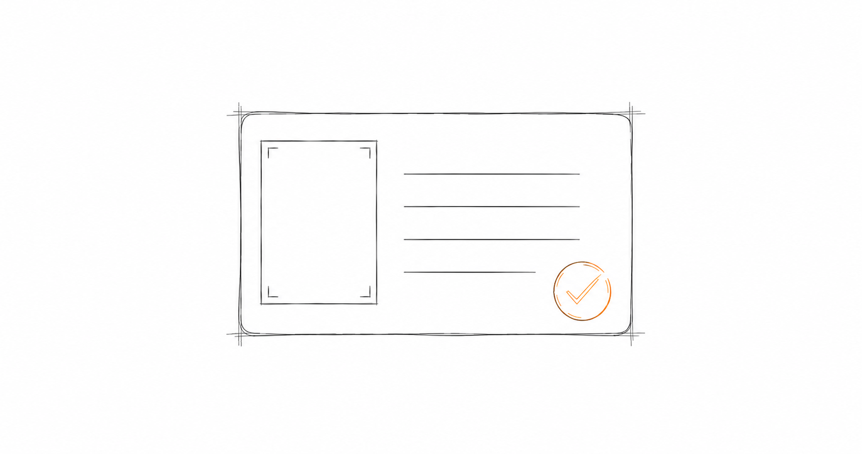 Minimal hand-drawn illustration of a stamped identity verification card, representing KYC compliance documentation for real estate agencies.