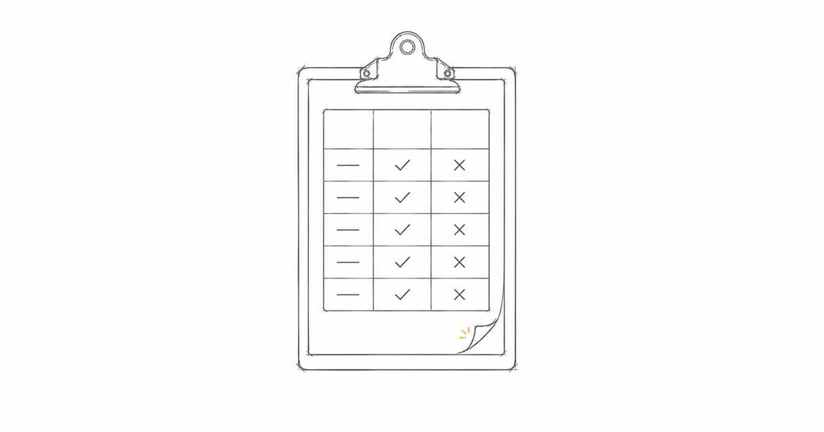 Minimal hand-drawn illustration of a comparison chart clipboard with an amber accent, representing broker file documentation for Best Interests Duty.