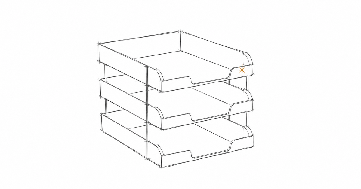 Minimalist hand-drawn set of three sorted stacking trays with a subtle amber accent, representing admin tasks triaged into what is ready to hand over, what needs documenting, and what stays with the owner.