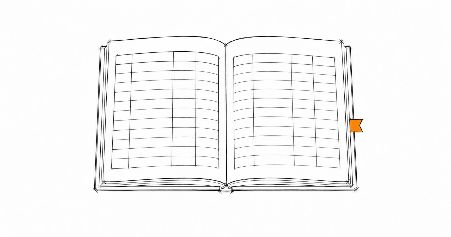 Minimalist hand-drawn open logbook with a subtle amber accent, representing an active compliance register kept current rather than a static document.