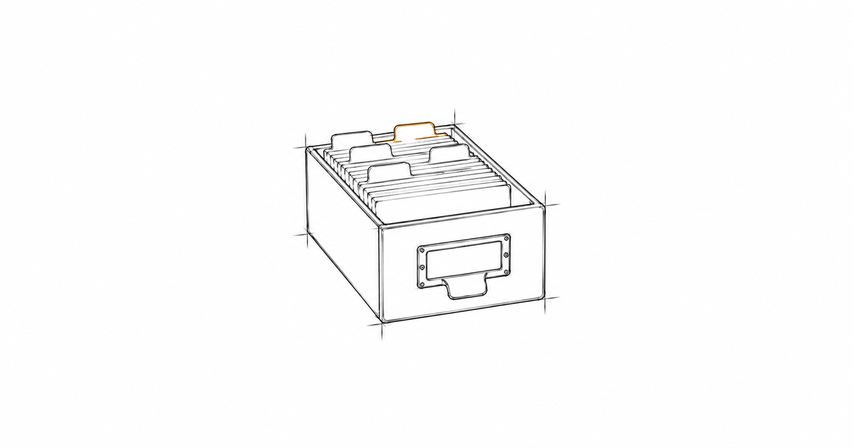 Minimalist hand-drawn illustration of a card index box with a subtle amber accent, representing records that are kept and findable.