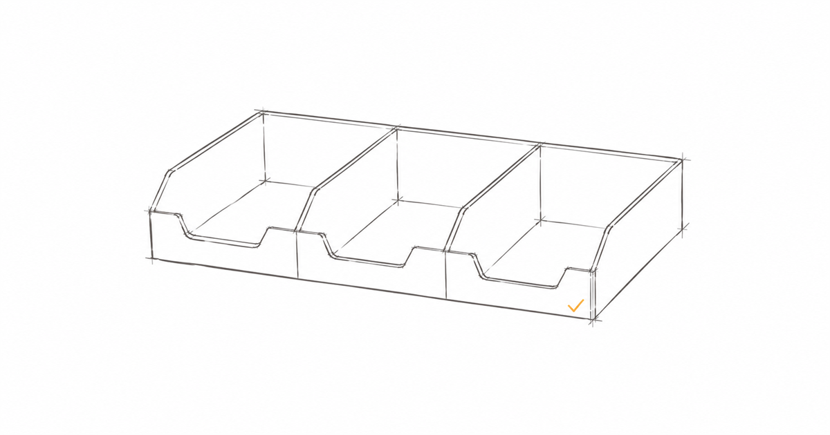 Minimal hand-drawn illustration of a sorting tray with three compartments and an amber checkmark, representing how compliance and payroll tasks are sorted by what's ready to delegate.