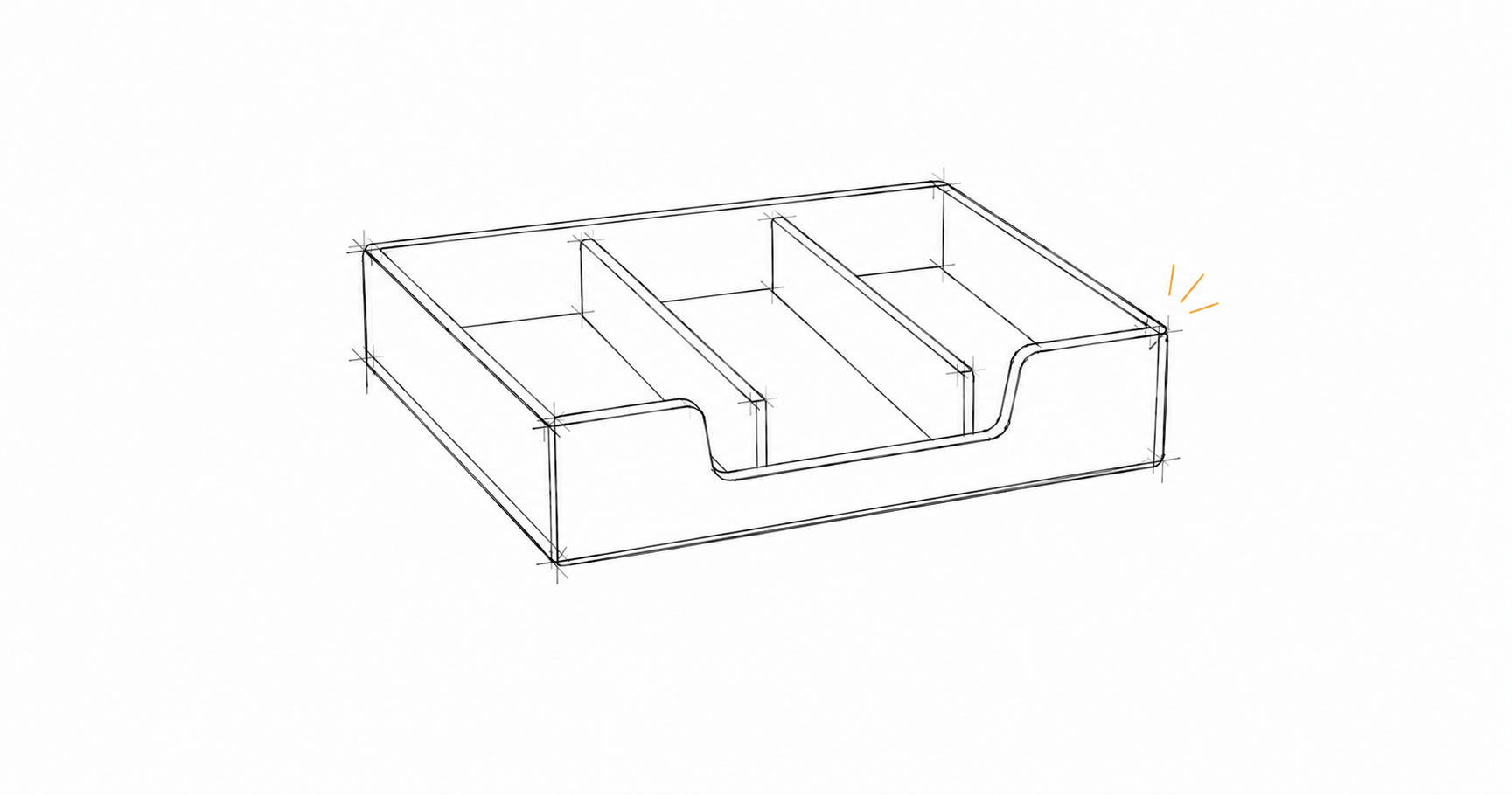 Minimalist hand-drawn empty desk tray organiser with dividers and a subtle amber accent, representing structured compliance admin across multiple obligations.