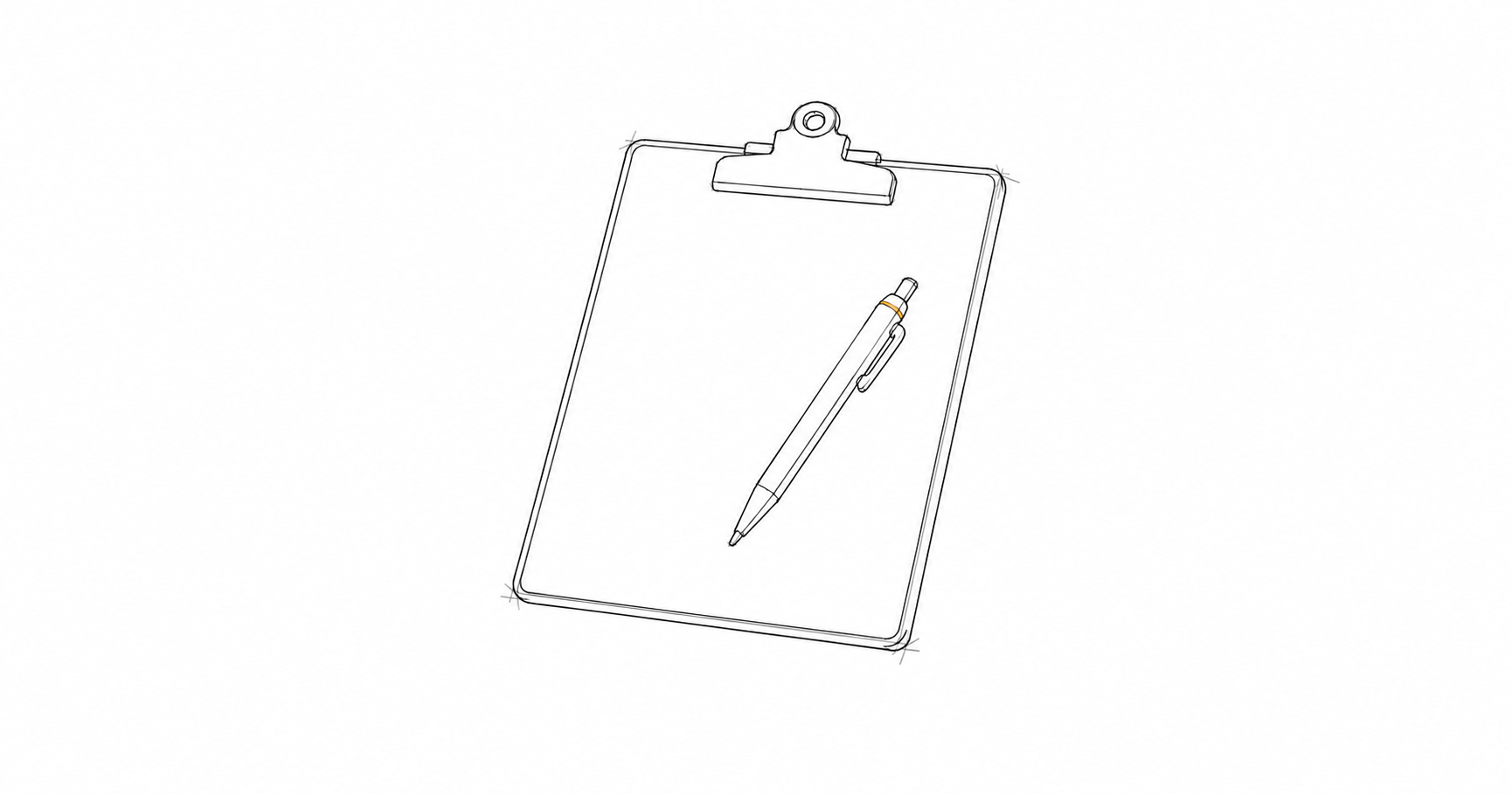 Minimal hand-drawn illustration of a clipboard with a pen resting on it, representing construction project documentation.