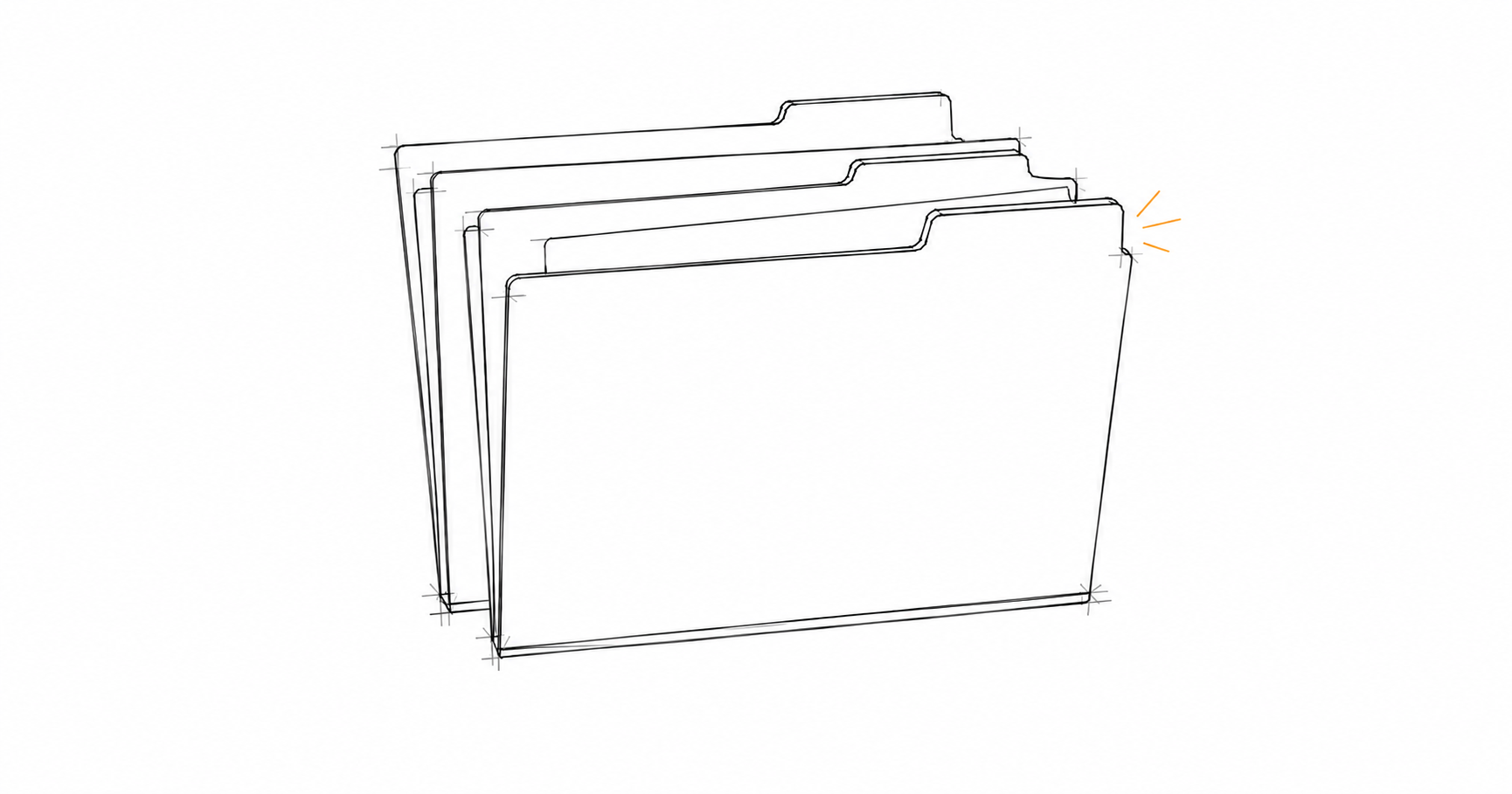 Minimalist hand-drawn stack of labelled file folders, slightly offset, with a subtle amber accent, representing production coordination and version control in a creative agency.