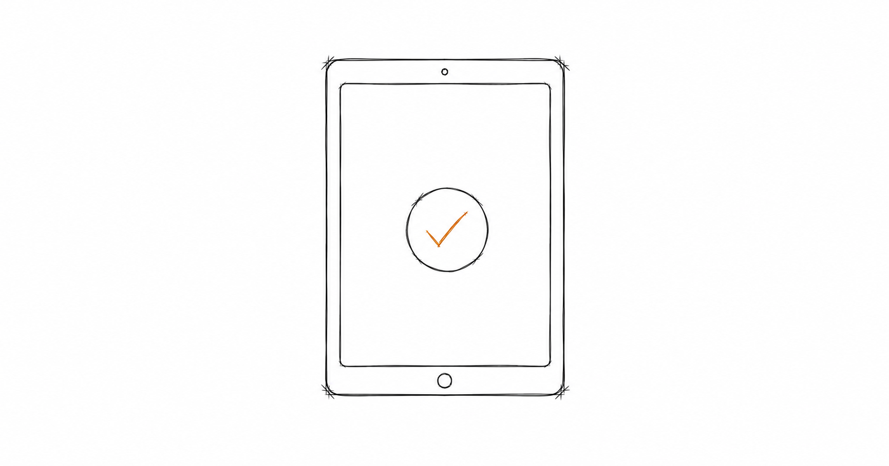 Minimalist hand-drawn tablet device with a simple checkmark on screen and a subtle amber accent, representing a job management platform under active, current ownership.