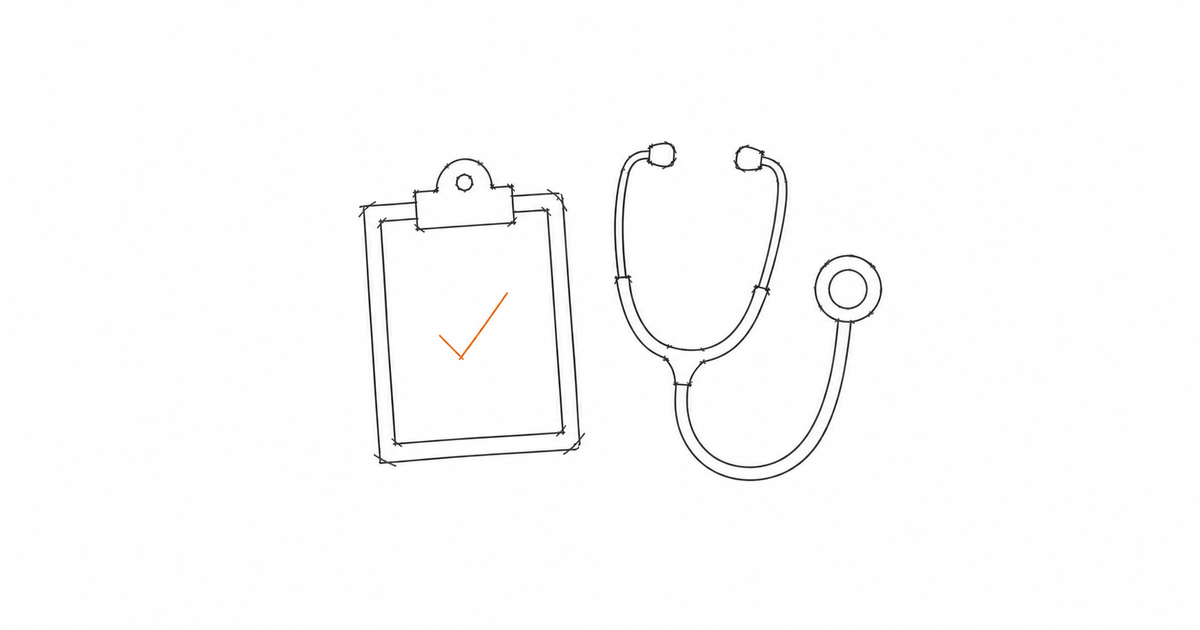 Minimalist hand-drawn illustration of a clipboard with a checkmark positioned beside a stethoscope outline, with a subtle amber accent, representing admin support working alongside clinical work.