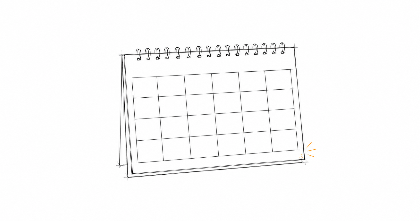 Minimalist hand-drawn content calendar grid with a subtle amber accent, representing a structured marketing operations and scheduling function.