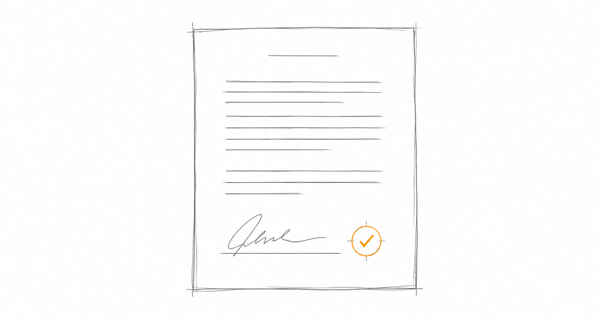 Minimalist hand-drawn consent form with a signature and amber checkmark, representing Medicare AoB compliance for Australian clinics.
