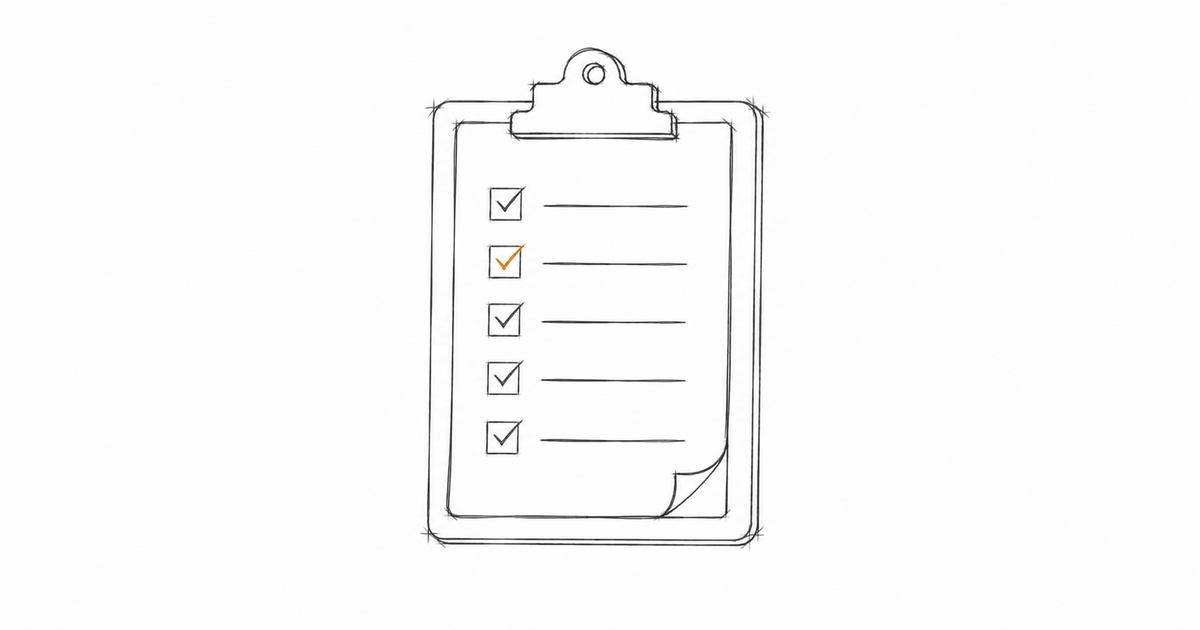 Minimalist hand-drawn clipboard with a checklist attached and a subtle amber accent, representing documentation tracked and under control at each build stage.
