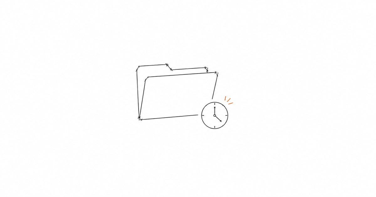 Minimalist hand-drawn file folder with a small clock icon beside it and a subtle amber accent, representing a claim evidence file moving against a time window.