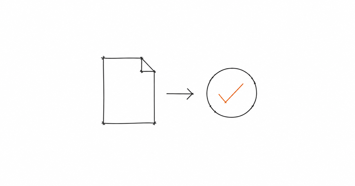 Minimalist hand-drawn illustration of a document with an arrow pointing to a checkmark and a subtle amber accent, representing a claim moving quickly with evidence attached.