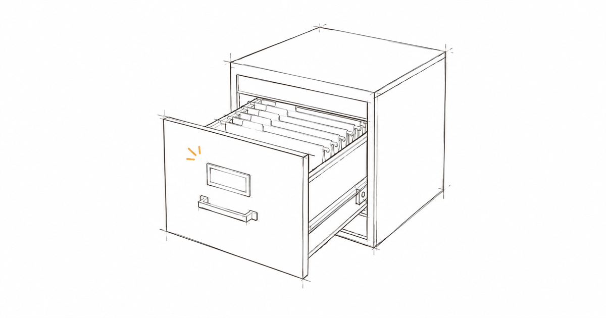 Minimal hand-drawn illustration of a filing cabinet drawer slightly open with hanging folders and an amber accent, representing NDIS compliance record maintenance.