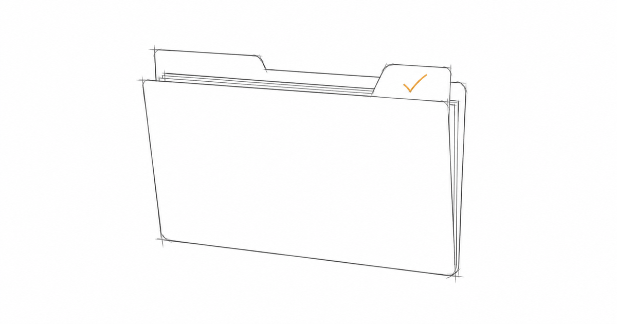 Minimal hand-drawn illustration of a document folder with a checkmark tab and an amber accent, representing NDIS registration compliance documentation.