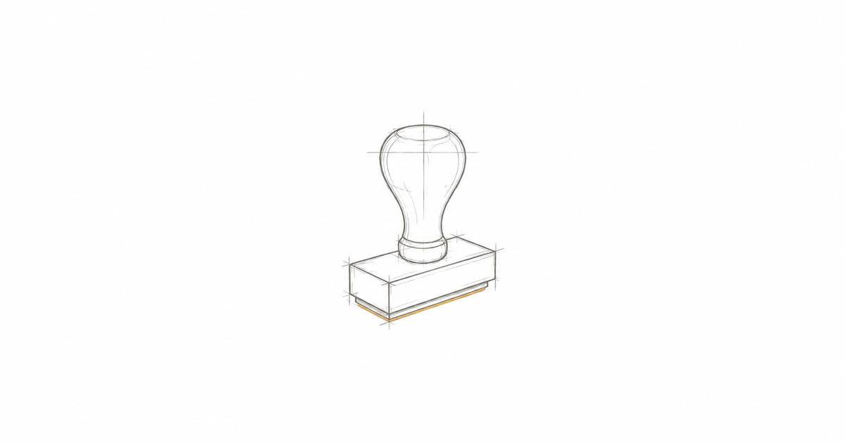Minimalist hand-drawn rubber stamp with a thin amber accent on its base, representing the one approval step an owner keeps when handing work to a remote hire.