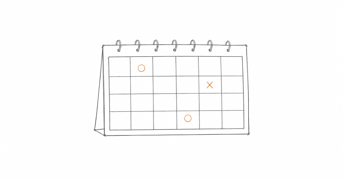Minimalist hand-drawn weekly calendar grid with a few marked points and a subtle amber accent, representing a redesigned, controlled compliance rhythm.