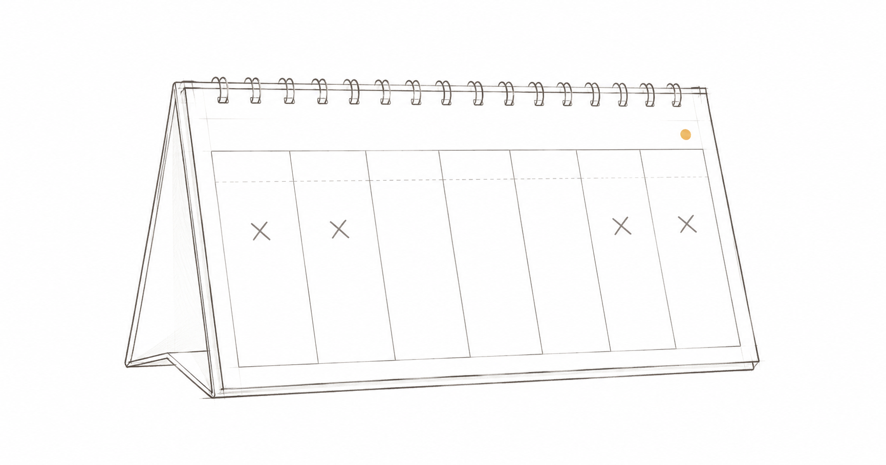 Minimalist hand-drawn desk calendar with X marks on completed days and a small amber accent dot, representing repeating vacancy cycles in property management.