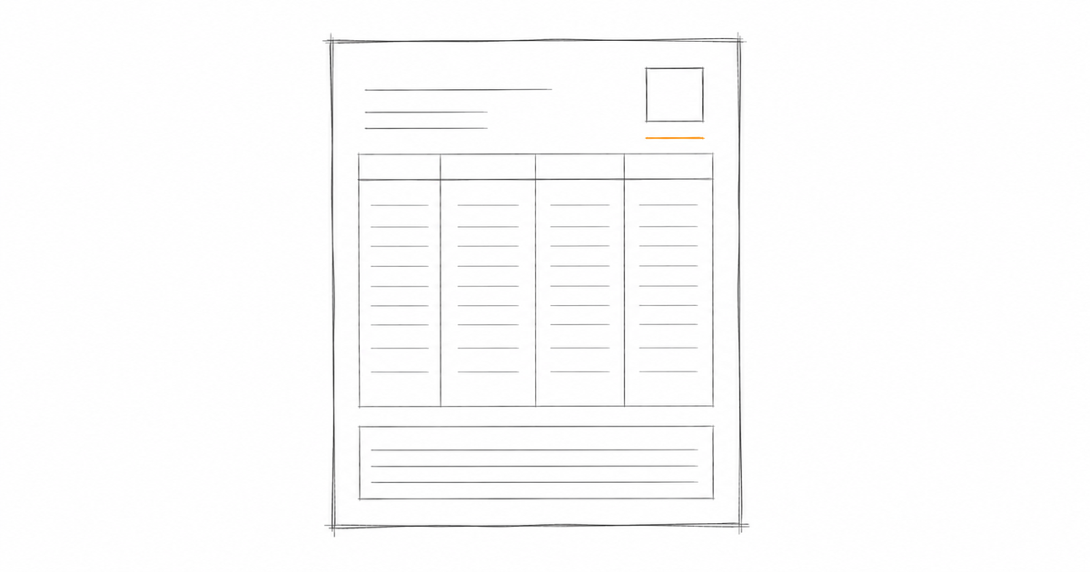Minimalist hand-drawn illustration of a structured report page with ruled columns, representing centralised admin support for multi-site medical practices.