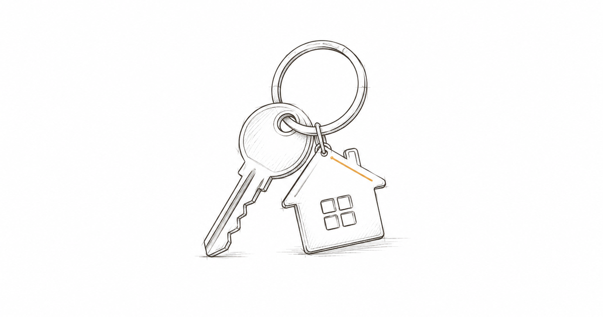 Minimalist hand-drawn keys with a house-shaped keychain and amber accent, representing property management and the lease handover process.