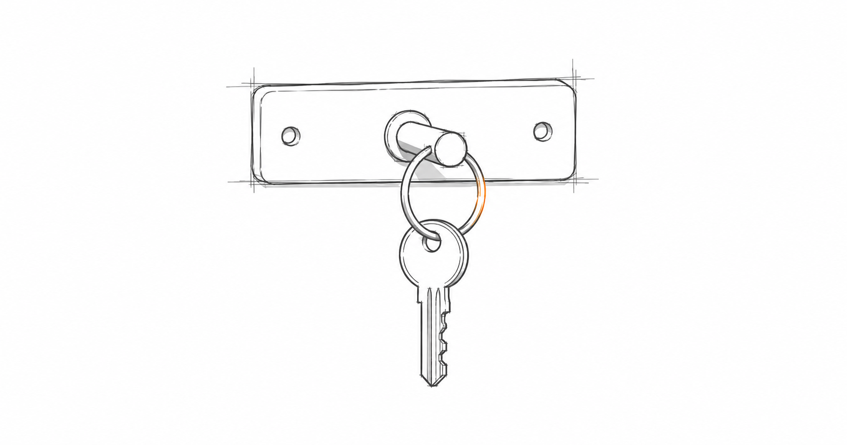Minimal hand-drawn illustration of a wall-mounted key hook with one key, representing property management.
