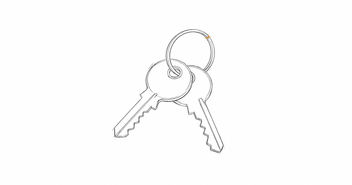 Minimal hand-drawn illustration of two house keys on a ring with an amber accent, representing property management and rental operations.