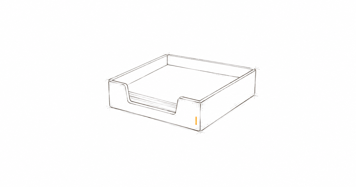 Minimalist hand-drawn illustration of an office paper tray with stacked documents and an amber accent, representing organised after-hours inbox triage.
