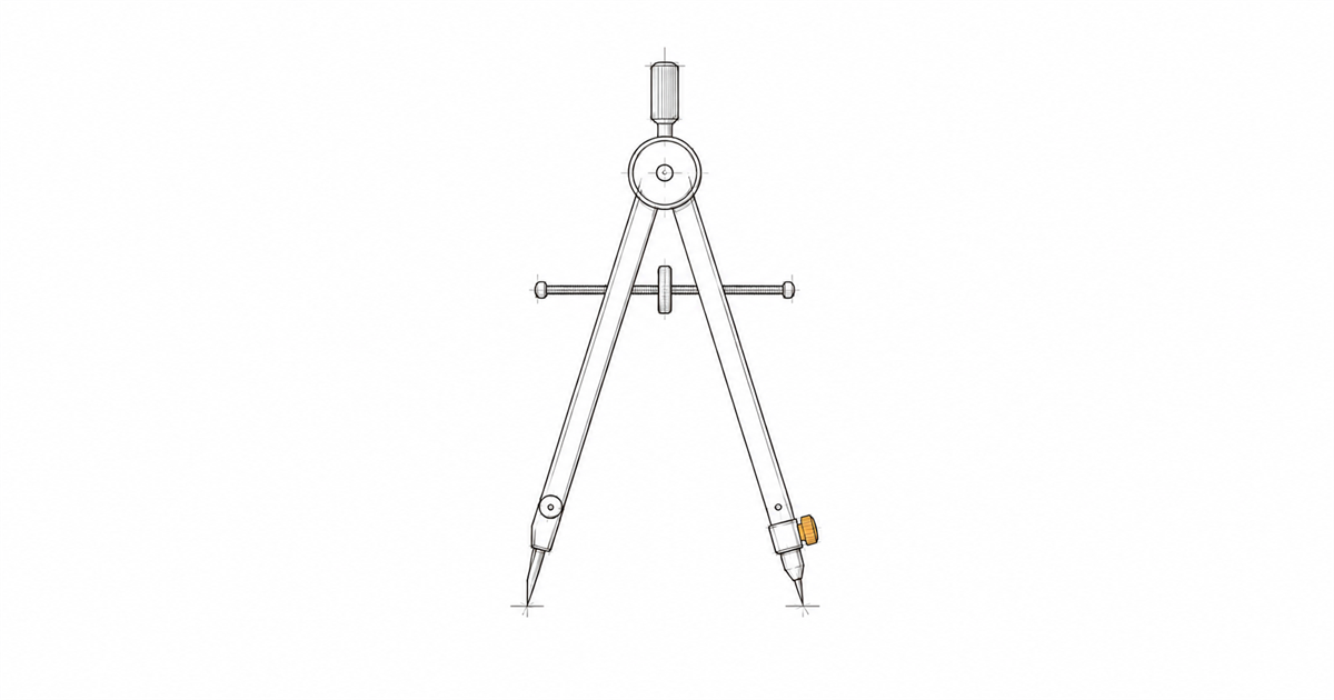 Minimal hand-drawn illustration of a drafting compass with an amber accent, representing coordination and navigation of distributed rural health admin.