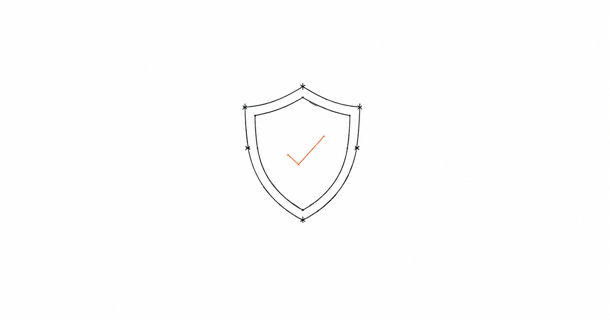 Minimalist hand-drawn illustration of a shield outline with a small checkmark inside it and a subtle amber accent, representing protective registration and identity verification.