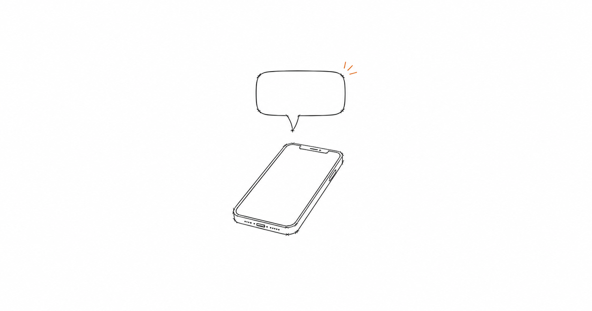 Minimalist hand-drawn smartphone with a simple speech bubble above it and a subtle amber accent, representing centralised, tracked client text messaging.