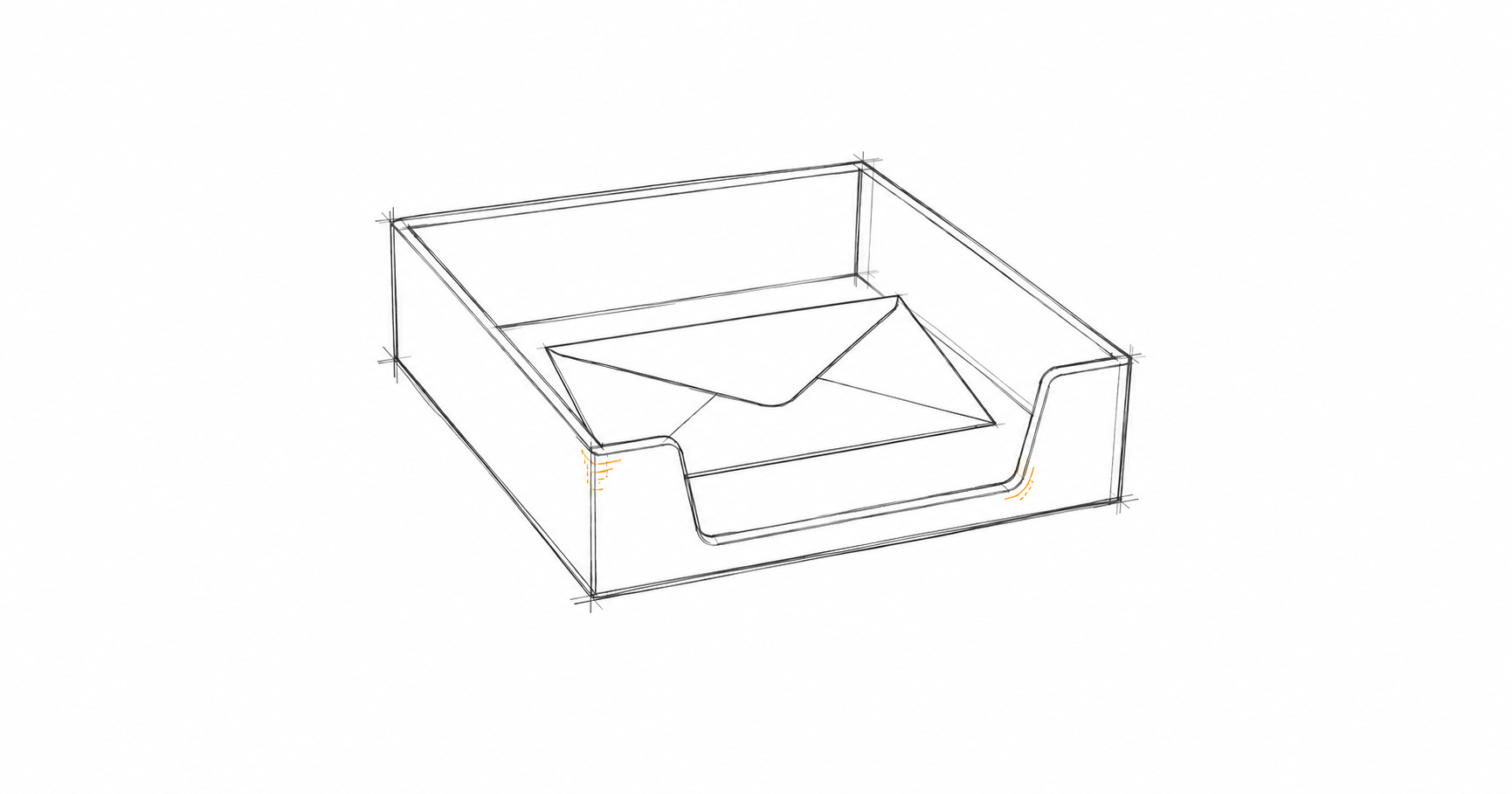 Minimalist hand-drawn open inbox tray with a single envelope and a subtle amber accent, representing a structured tenant enquiry triage and coordination desk.