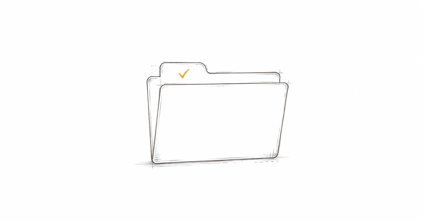 Minimalist hand-drawn folder with an amber checkmark on the tab, representing organised trade business admin and completed job documentation.