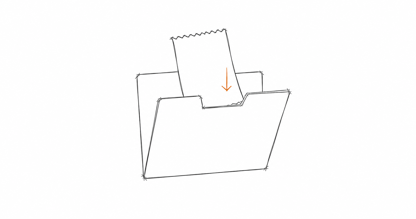 Minimalist hand-drawn open folder with a receipt being placed inside, with a subtle amber accent, representing a recordkeeping system that captures records as they happen.